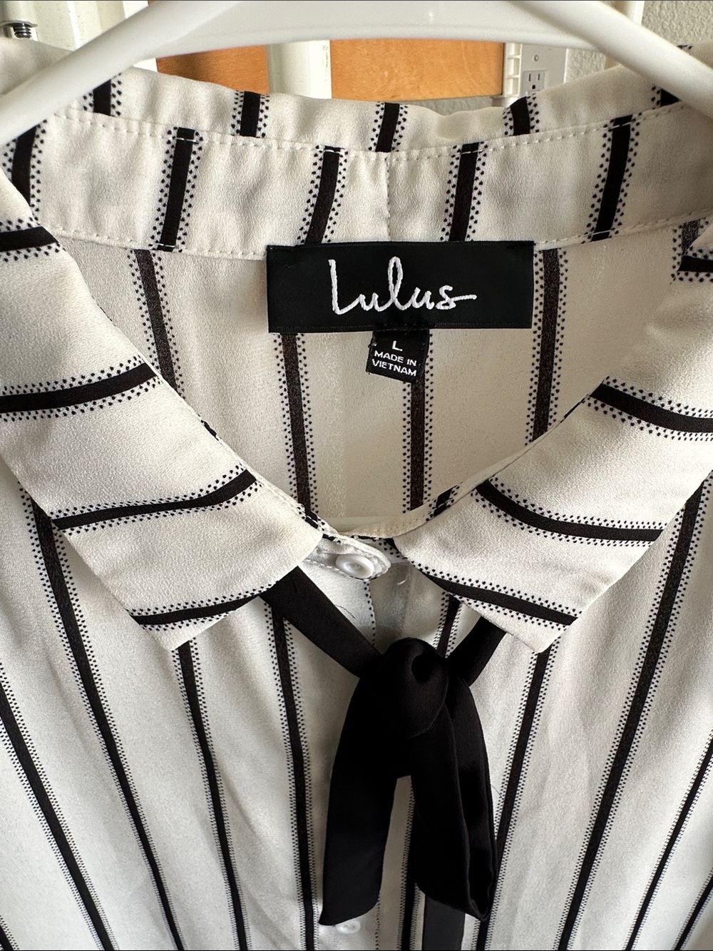 Lulu's Black & White Striped Tie-Neck Ruffle Sleeve Blouse - Picture 5 of 7